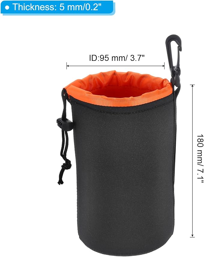 PATIKIL Camera Lens Bag - 3.7" x 7.1" Drawstring Lens Pouch with Thick Protective Neoprene, Case for DSLR Camera Lenses, Water-Resistant, Black, Orange - Image 2