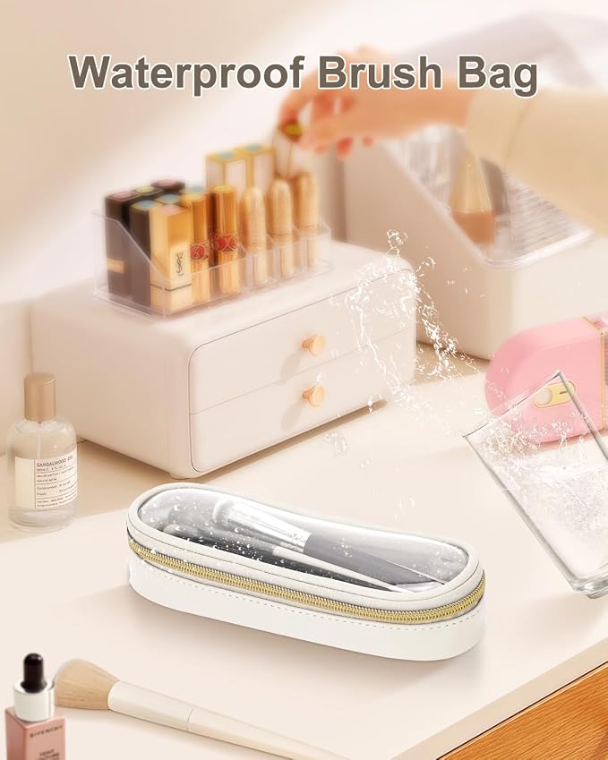 Soimeat Clear Travel Makeup Brush Holder, Leather Makeup Brush Toiletry Bag, Portable Cosmetic Brush Case, Transparent Waterproof Makeup Brush Storage Bag, White, Large - Image 7