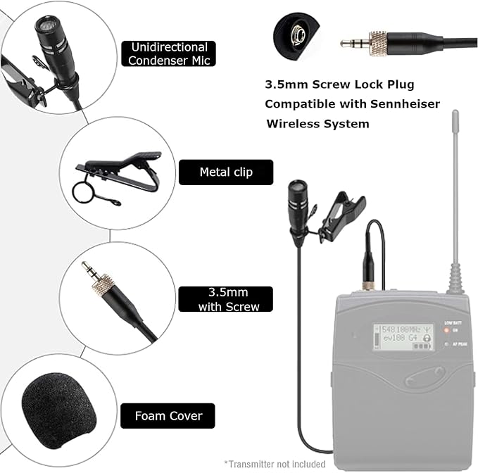 Lavalier Microphone Lapel Mic Compatible with Sennheiser Bodypack | Unidirectional Condenser Super Cardioid Clip-On Mic for Wireless Transmitter System with 3.5mm Female Screw Plug - Image 7