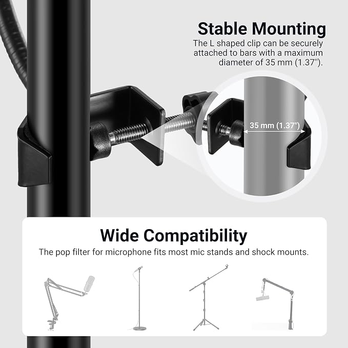 NEEWER Metal Pop Filter for Microphone, Six Layer Professional Foam Mic Isolation Shield Windscreen Cover with Flexible Arm for Podcast Live Streaming Voice Over Singing Studio Music Recording, MS044 - Image 3