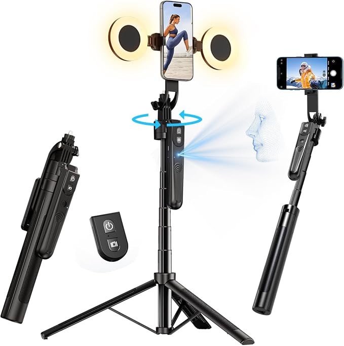 70.9" Auto Face Tracking Selfie Stick Tripod for iPhone with Light, No App, 360° Rotation Tripod that Follows Your Movement with Remote Control for Vlog/Live Stream/Video Recording by yAyusiPortableSelfieStand