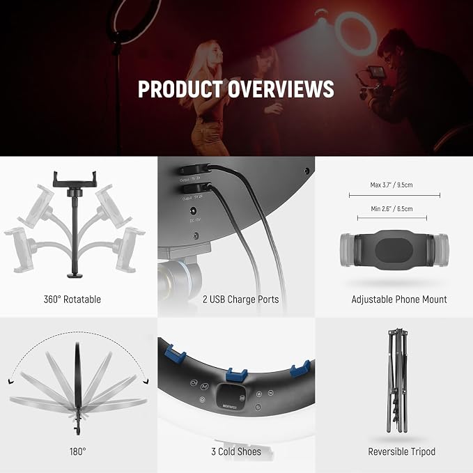 NEEWER 19" RGB LED Ring Light with Stand, 3 Phone Holders, Touch Panel, 2.4G/App Control, 42W CRI97+ 2800lux/0.5m 360° Hue Dimmable Professional Lighting for Makeup Live Streaming Zoom Calls, RP19C - Image 7