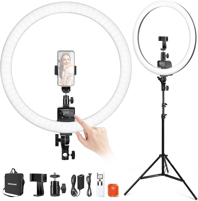 NEEWER Advanced 18" LED Ring Light with Tripod Stand Phone Holder | For iPhone Samsung Android Phones, for Makeup YouTube Video Blogger Salon, Black by Neewer