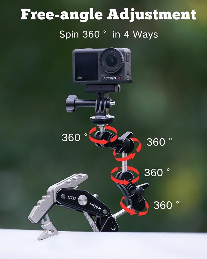HEIPI C100 Super Clamp & MA137 Magic Arm & Phone Clip, Max Clamping 3.93" | Clamp & stand design. Max clamping 3.93" / 10cm. Dual screw mounts: 1/4"-20 & 3/8"-16. Universal for tripod accessories - Image 2