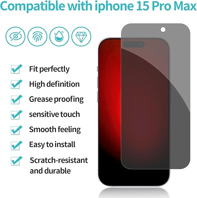 PEHAEL for iPhone 15 Pro Max Privacy Screen Protector+Camera Lens Protector | Installation kits, Anti-Spy Private, Anti-Scratch, 9H Tempered Glass, Case Friendly, 2+2 Pack, [6.7 inch] - Image 2