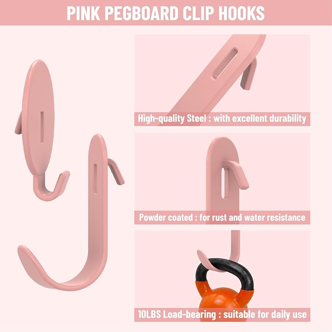 HUHOLE 20PC Pink Pegboard Clip Hooks for Thin Metal 1/4 Inch Pegboard | Picture Hangers with 10 lb Capacity, 10 Round and 10 Angled Peg Hooks for Jewelry, Crafts and Small Accessories - Image 5
