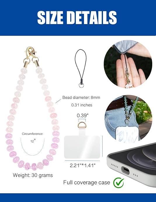 CH.yishi Crystal Beaded Phone Charm Wrist Strap Camera Lanyard | Handmade Cell Phone Chain,with Tether Tab,Keychain Bag Wallet Natural Stone Charm,Headphone Gemstone Decor,Camera Wrist Strap - Image 3