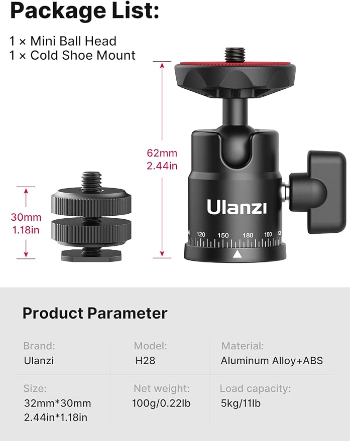 Mini Ball Head, ULANZI H28 Panoramic Tripod Head + Dual Hot Shoe Mount DSLR Camera Mount Adapter Photograph Attachment Accessories for Action Cameras Cam Smartphone Light Microphone Loading 5.5lb - Image 6