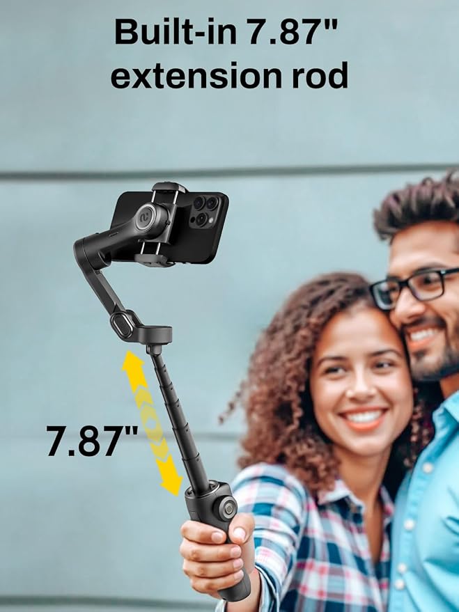 AOCHUAN 3-Axis Gimbal Stabilizer for iPhone, Smartphone Gimbal w/7.8" Extension Rod, OLED Display, Phone Stabilizer w/Face Tracking, Gesture Control, Video Record for iPhone & Android - Smart V8 Black - Image 3