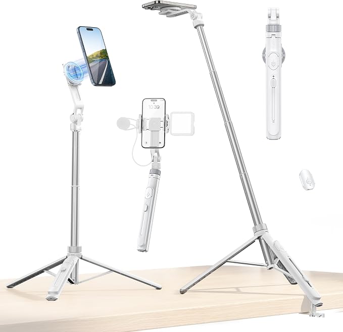 ULANZI TT88 Magnetic Tripod for iPhone 17, 57" Extendable Selfie Stick w Remote, 2-in-1 Phone Clip & Dual Cold Shoe Mounts-Lightweight Phone Tripod Stand for Vlogging, Travel, Video Recording, White by ulanzi