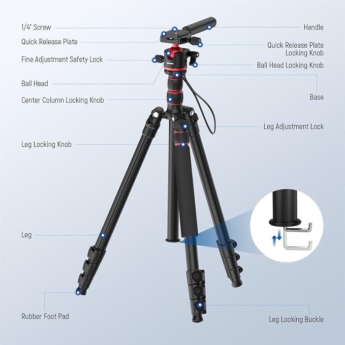 NEEWER BASICS Camera Tripod Monopod, 77" Compact Lightweight Travel DSLR Video Stand 360° Ball Head, Arca Type QR Plate, Reversible Legs, Inverted Central Axis & 2 Cleaning Cloths, 13lb Max Load, TP08 - Image 8