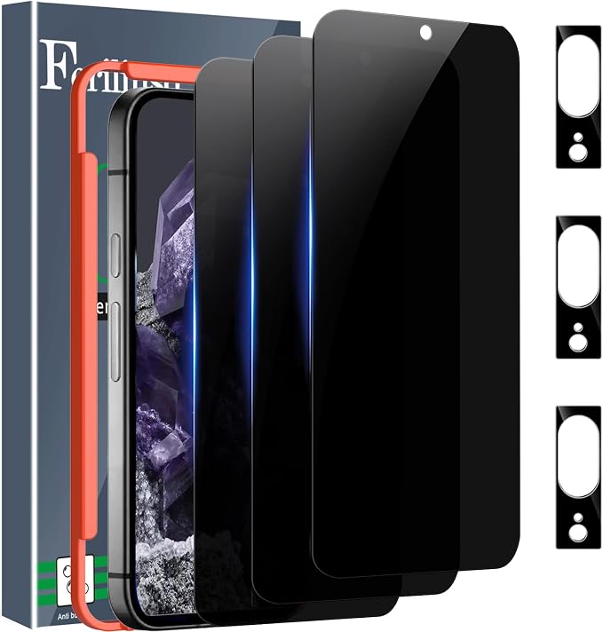 Ferilinso Privacy Screen Protector for Google Pixel 8, Tempered Glass | 3 Pack, 9H+ Hardness, Military-Grade Shatterproof, Case Friendly, Easy Installation Bubble Free, with Camera Lens Protectors by Ferilinso