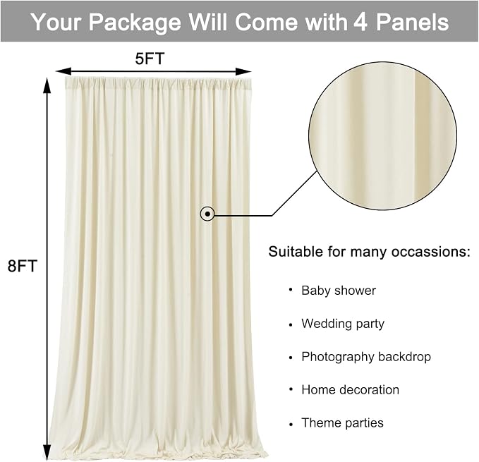 20 ft x 8 ft Ivory Backdrop Curtain Panels, 4 Panels 5 ft x 8 ft Wrinkle Free Polyester Photography Backdrop Drapes, Wedding Party Home Decoration Supplies - Image 5