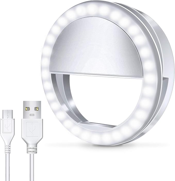 Meifigno Selfie Ring Light, [Rechargeable] with 36 LED Lights, 3-Level Adjustable Brightness Clips On Phone Ring Light Compatible with iPhone 16 15 14 13 12 11 Plus Pro Max iPad Laptop Samsung, White by Meifigno