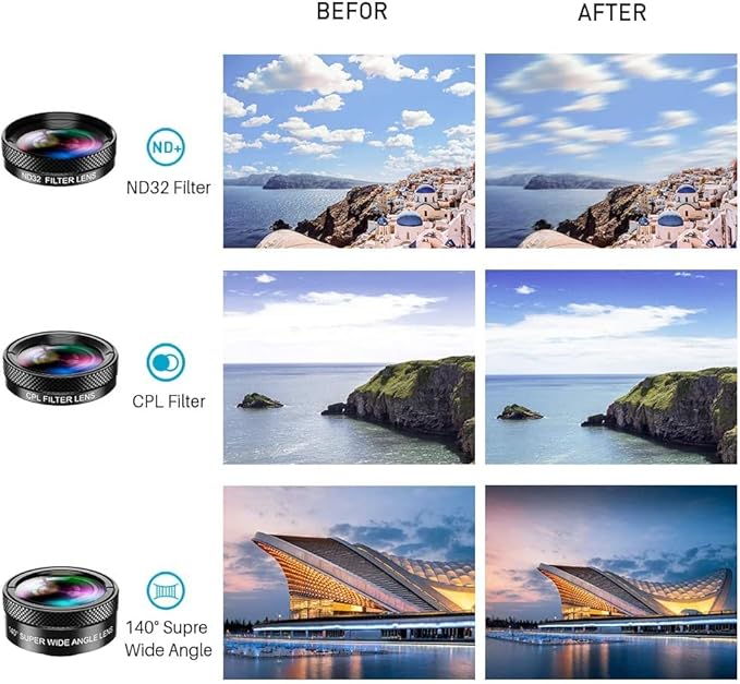 MIAO LAB 11 in 1 Phone Camera Lens Kit - Wide Angle Lens & Macro Lens+Fisheye Lens+ND32//CPL/Color Lens/Star+Kaleidoscope Lens for iPhone Samsung Sony and Most of Smartphone - Image 5