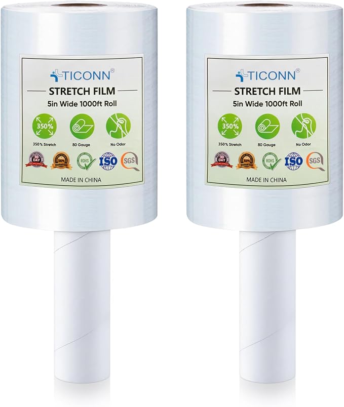 TICONN 2Pk Stretch Wrap Stretch Film Roll, 1000ft Industrial Strength 5 inch Wide Clear Plastic Wrap with Handles for Pallet Wrapping Shipping Moving by TICONN