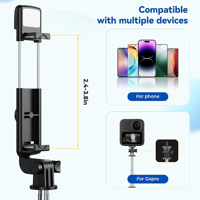 Selfie Stick Tripod with Light, Retractable Selfie Stick Tripod with Wireless Remote Control, for Photograph, Live Streaming, Video Recording, Compatible with 4-7'' Smartphone - Image 3