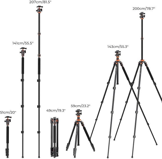 K&F CONCEPT 78 inch DSLR Camera Tripod | Magnesium Alloy, Multi-Angle Center Column, Max Load 22lbs/10kg, O234A7+BH-28L + Arm Kits - Image 7