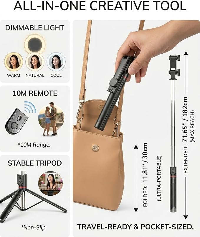 71" Phone Tripod Selfie Stick with Light, Cell Phone Tripod Stand with Wireless Remote Compatible with iPhone and Android Phone - Image 4