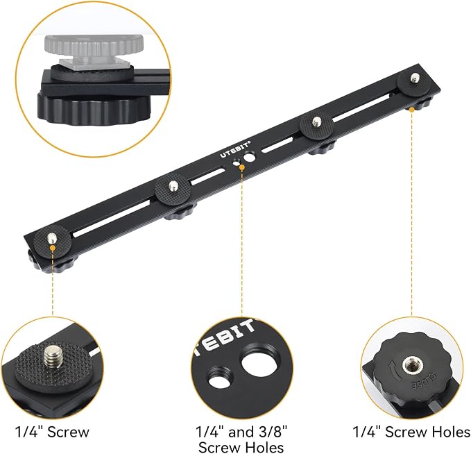 UTEBIT 2 Pack Straight Flash Mount, 1/4-3/8 Thread Hole Tripod Mount | 13 inch Flash Bracket with 1/4'' Hot Shoe, Long Dual Speedlite Bracket Extension Bar for DSLR Camera/LED Light/Microphone - Image 4