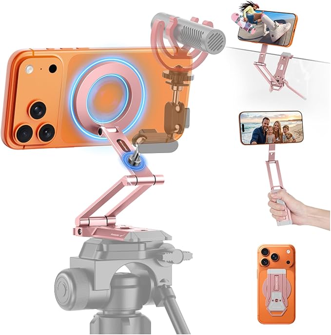 OMOTON TP06-E [3-Adjust] Sturdy Magnetic Phone Tripod for iPhone 17, Pink | Aluminium Phone Stand for MagSafe with Hook 1/4" Screw& Arca, Travel Essentials Gift for Vlog, Creators, Live by OMOTON
