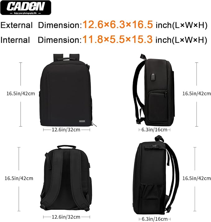 CADeN Camera Backpack Bag with Laptop Compartment 15.6" for DSLR/SLR Mirrorless Camera Waterproof, Camera Case Compatible for Sony Canon Nikon Camera and Lens Tripod Accessories Black - Image 9