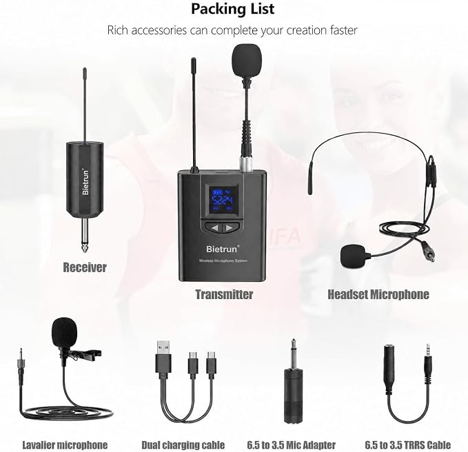 Bietrun UHF Wireless Lavalier Lapel Microphone System/Headset Mic/Stand Mic, 165ft Range, Rechargeable Transmitter Receiver, 1/4" Output, for iPhone,Android,PA Speaker,DSLR Camera,YouTube, Recording - Image 8