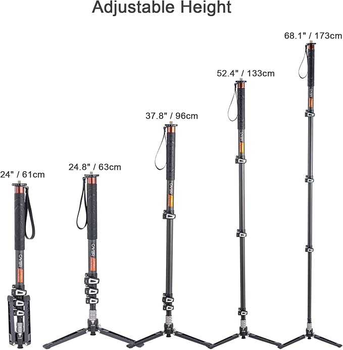 Cayer CF34DV Carbon Fiber Monopod, 68" with Folding Feet for Camera | Carbon Fiber Tube, Folding Feet, 4-Section, 68" Height, Monopod Leg with Feet Only - Image 5