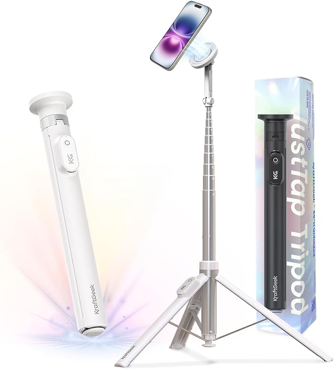 KraftGeek Magnetic Phone Tripod for iPhone, JustTap Tripod for MagSafe | 66" Auto-Open Selfie Stick Tripod, N52 Magnetic Mount, Portable Phone Tripod Stand for Travel, Video Recording & Vlogging by KraftGeek
