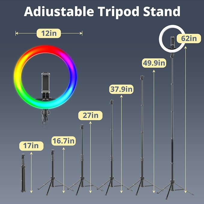 UBeesize 12" RGB Ring Light with 62" Extendable Tripod Stand | LED Selfie Light with Phone Holder & Remote for Video Recording, Makeup, Content Creation, YouTube, TikTok, Camera & Webcam - Image 4