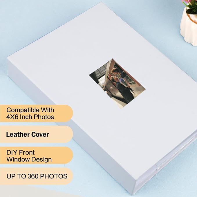 4x6 Photo Album Holds 360 Photos Writing Space, PU Leather, White | Clear Acid-Free Sleeves, Memo Writing Areas, Front Display Window, Baby, Wedding, Travel & Family Picture Keepsakes - Image 2