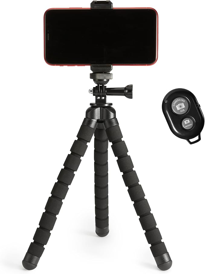 Amazon Basics Portable and Flexible Tripod with Wireless Remote and Smartphone Clamp, 10-inch, Black by AmazonBasics