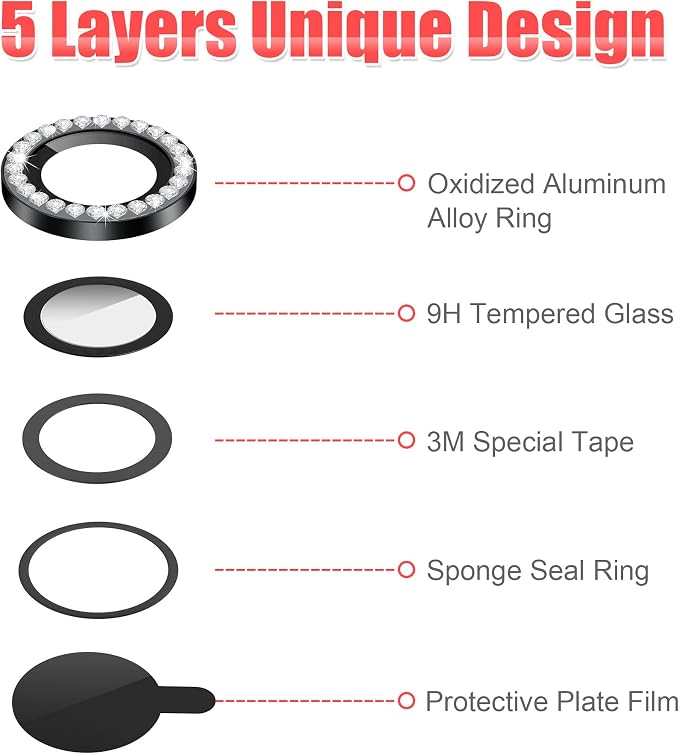 AGVEE 3+3 6 Pack for iPhone 14/14 Plus Camera Lens Protector Cover | Individual Bling Diamond & Bling Glitter Sparkle Cute Gem Metal Ring, 9H Tempered HD Glass - Image 7