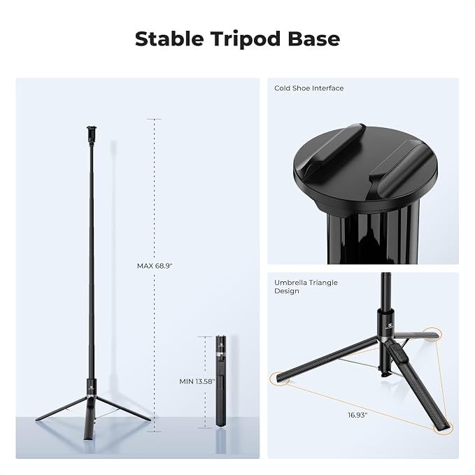K&F CONCEPT 69" Pop Open & Quick Fold Phone Tripod | 360° Rotatable Selfie Stick with 9 Button Bluetooth Remote, Cell Phone Tripod for Travel, Live Streaming, Vloggers. X96 - Image 5