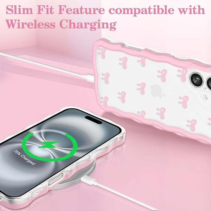 QLTYPRI for iPhone 17 Pink Bow Case, Clear Cute Pink Ribbon Bow Phone Case Curly Wavy Aesthetic Phone Cover, Soft Slim Transparent TPU Shockproof Protective Cover for Women Girls - Tiny Bow - Image 5