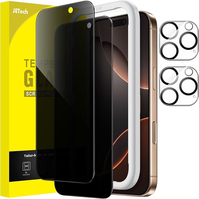 JETech Privacy Screen Protector for iPhone 16 Pro Max, 2+2 Pack | Anti-Spy Tempered Glass, with Camera Lens Protector, Easy Installation Tool by JETech