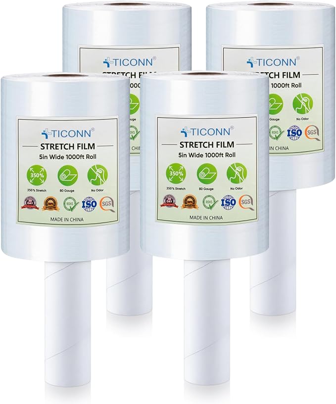 TICONN Stretch Wrap Roll, 5 in x 1000 ft Plastic Wrap for Moving Furniture | Odorless Industrial Strength Stretch Film, 350% Stretchability, Self-Adhering, Ideal for Furniture, Box Protection by TICONN