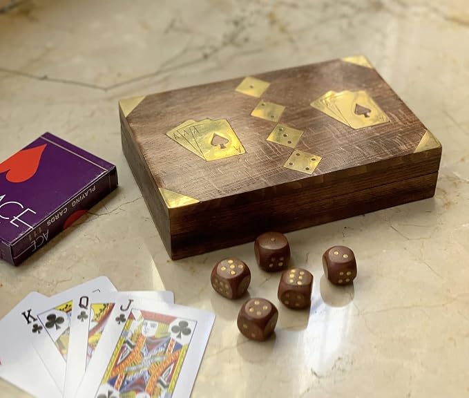 Wooden Playing Card Holder Deck Box Storage Case Includes Cards & Dice | Includes 2 card packs with dice, ideal for poker, bridge, card games, travel, gifting, collectible display & game room décor - Image 6