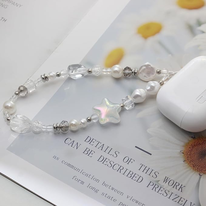 Beaded Camera Wrist Strap,Cute Phone Charm Decor,Pearl Bracelet Wrist Strap | Phone Keychain Decoration for Wallet,Durable Nylon Rope Lanyard,Compatible with all Phone Case,Silver Star - Image 4