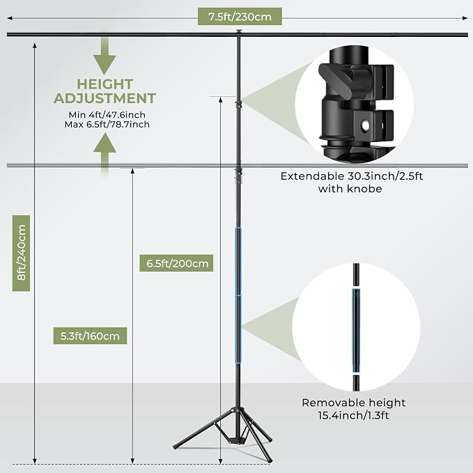 Emart 7x8ft Green Screen Backdrop Kit with T-Shape Stand and 6 Clamps | Reverse folding base for easy storage & transport，perfect for Photography, Photoshoot, Studio Video Recording, Streaming - Image 5