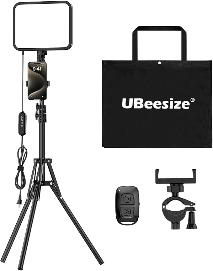 UBeesize 1-Pack LED Video Light Kit with Tripod Stand & Phone Holder | Ultra-Bright 3000-Lumen Dimmable Studio Lights for Live Streaming, Video Recording, Makeup, Gaming, YouTube and Photography by UBeesize
