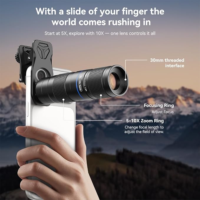 APEXEL Telephoto 5-10X Zoom Lens for iPhone & Android, Optical Magnification, Universal Clip-On Phone Camera Lens, Aviation Aluminum Body for Travel, Sports & Concert Photography - Image 6