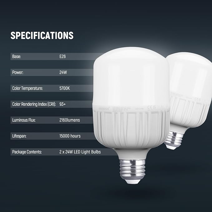 Neewer E26 24W LED Light Bulbs, 2 Packs, 2160 Lumens/5700K/CRI 93+/15000h Lifespan, Bright Video Photography Lighting, Silent/No Flicker/Non Dimmable 200W Incandescent Equivalent - Image 9