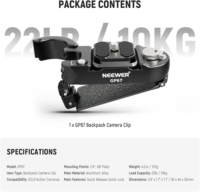 NEEWER Backpack Camera Clip Mount with Square QR Plate, Upgraded Safety Latch, Quick Release Camera Belt Clip Backpack Strap Compatible with PD QR System Canon Nikon Sony DSLRs, GP67 - Image 8