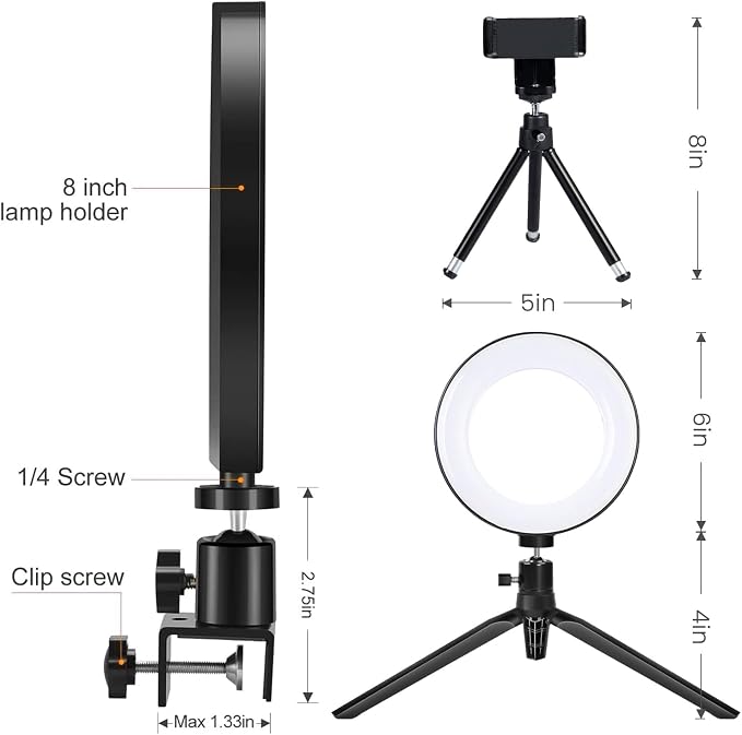 2 in 1 LED 6" Ring Light with Tripod Stand & Clamp for YouTube Video and Makeup, Mini LED Camera Light with Cell Phone Holder Desktop Lamp with 3 Light Modes & 11 Brightness Level - Image 7