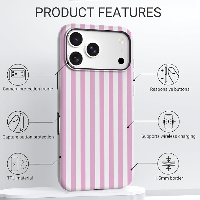 TPU Phone Case for iPhone 17 Pro Max, MagSafe Wireless Charging Compatible, Shockproof Slim Fit Protective Cover with Anti-Yellowing & Raised Camera Protection (pink stripe, iPhone 17 Pro Max(6.9")) - Image 4
