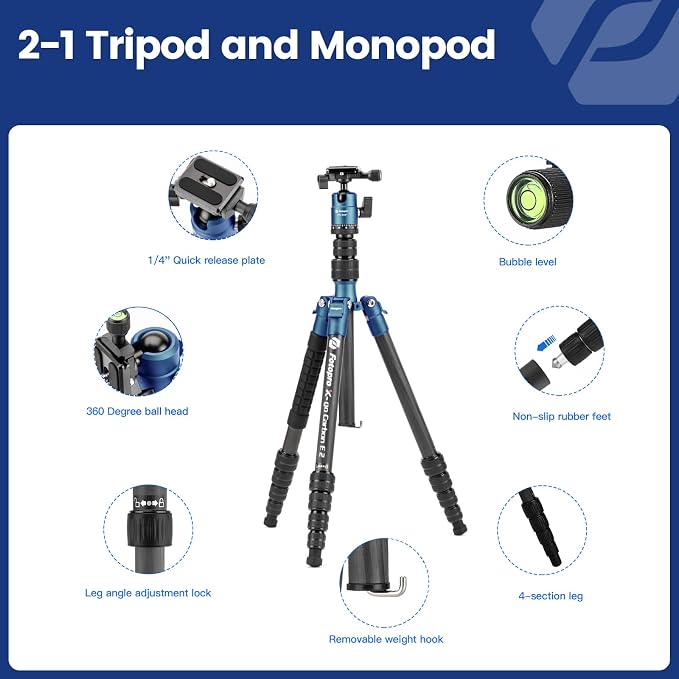 Fotopro 60" Carbon Fiber Camera Travel Tripod, 2lbs Super Lightweight Compact Tripod with 360° Metal Ball Head, Detachable Monopod, with Arca QR Plate & Bag, Load up to 8KG/17.63lbs, for SLR DSLR,Blue - Image 4