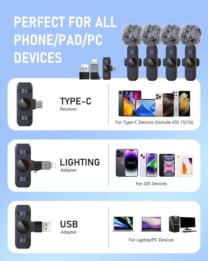 4 Mini Microphone Wireless Microphones Systems for iPhone Android Phone Pad Computer, Pro Clip On Small Lavalier Lapel Mics Tiny for Content Creators Video Recording Vlogging, 48KHz 24Bit - Image 2