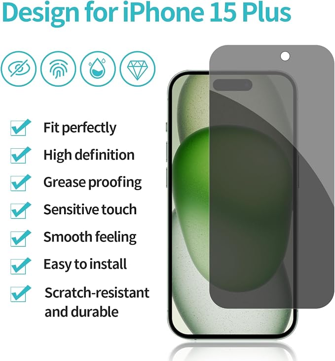 PEHAEL for iPhone 15 Plus Privacy Screen Protector+Camera Lens Protector | Installation kits, Anti-Spy Private, Anti-Scratch, 9H Tempered Glass, Case Friendly, 2+2 Pack, [6.7 inch] - Image 2