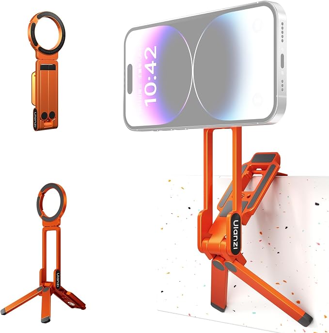 ULANZI MA38 Magnetic Phone Tripod for iPhone, Portable Phone Holder Orange | Portable Phone Tripod for Magsafe w Foldable Hook Double-Sided 1/4'' Screw for Travel Vlog Selfie iPhone 17/16/15/14/13 by ulanzi